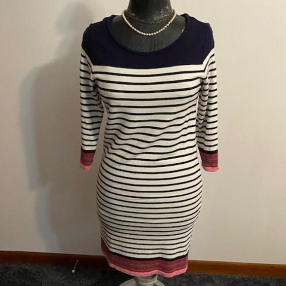 Fleur Bleue 3/4 quarter sleeves Blue, White sweater dress, size Small - Picture 1 of 5